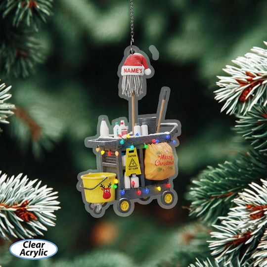 Discover Janitorial Cart Christmas Ornament, Customized Name Housekeeper Ornament, Custodian Cleaning Cart Ornament, Janitorial Employee Gift, MYD024