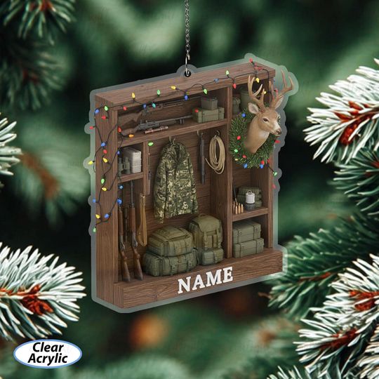 Hunting Gear Garage Xmas Ornament, Custom Hunter Ornament With Name, Camo And Rifle Ornament For Hunters, Hunting Lodge Gift For Men, MYD007