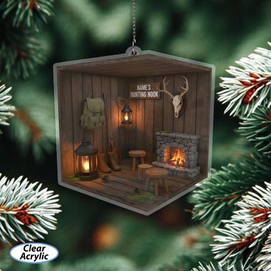 Discover Personalized Hunting Nook Ornament With Name, Hunters Cabin Christmas Ornament, Hunter Man Cave Decoration, Outdoorsman Holiday Gift, MYD002