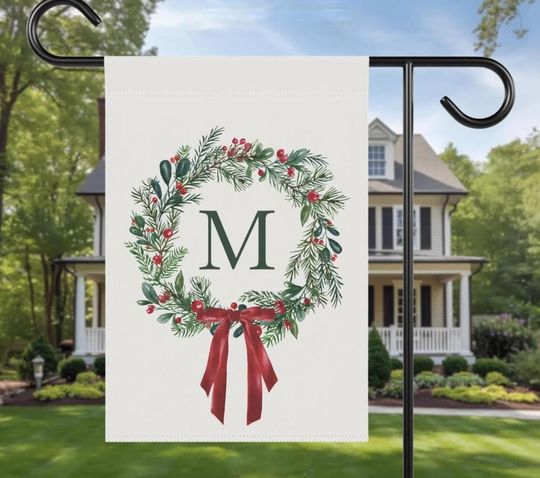 Personalized Christmas Wreath Garden Flag: Holiday Monogram Yard Decor