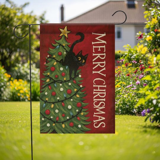 Discover Christmas Cat Garden Flag  Funny Holiday Yard Decoration with Black Cat in Tree Design