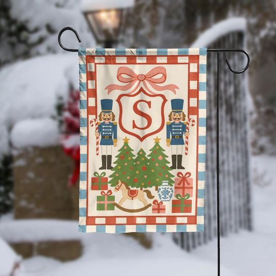 Personalized Nutcracker Christmas Garden Flag, Holiday Yard Flag with Monogram Initial, Festive Outdoor Xmas Decoration