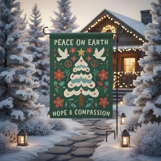 Peace On Earth Hope Compassion Garden Flag, Retro Christmas Tree Decor, Mid-Century Modern Holiday Yard Sign, Dove and Flower Art