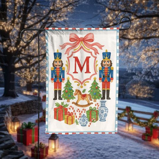 Personalized Christmas Garden Flag with Nutcrackers, Monogram Letter Holiday Yard Banner, Festive Winter Outdoor Decoration, Season Decor