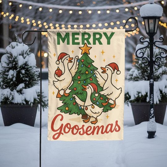 Discover Funny Goose Christmas Flag, Merry Goosemas Garden Flag, Holiday Outdoor Yard Decoration, Cute Geese with Tree Christmas Banner Decor Gift