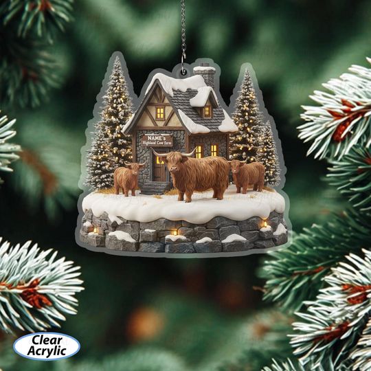 Personalized Highland Cow Farm Ornament, Highland Cow Christmas Ornament, Cute Cow Ornament With Snow Scene, Farmhouse Holiday Decor, MYC983