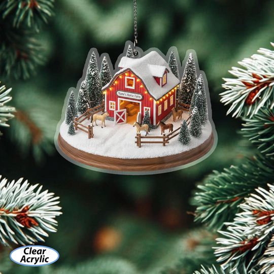 Discover Customized Red Barn Ornament With Horses, Rustic Country Horse Farm Ornament, Farm Animal Holiday Decoration, Unique Gift For Farmer, MYC991