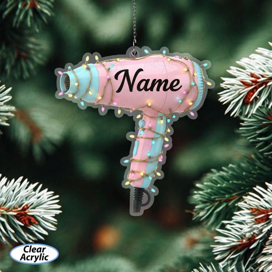 Discover Hair Dryer Ornament With Festive Lights, Custom Name Hair Tool Ornament, Hair Stylist Christmas Ornament, Hairdresser Gift For Women, MYB942