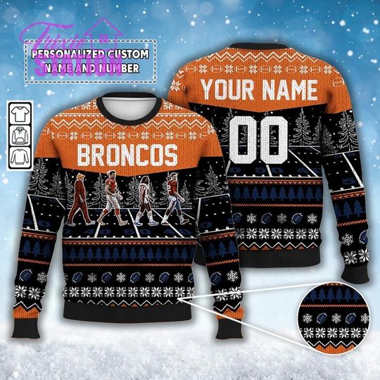 Denver Broncos Ugly Christmas Sweater Hoodie with Abbey Road Design featuring Payton, Wilson, Jeudy, and Stidham