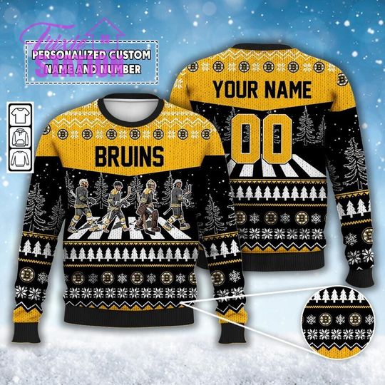 Custom Bruins Abbey Road Ugly Christmas Sweater Hoodie with Ice Hockey Players