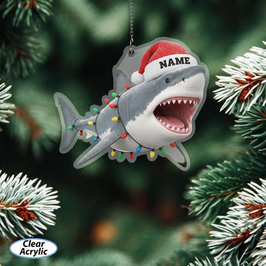 Customized Name Giant Shark Ornament, Shark With Christmas Lights Ornament, Sea Life Coastal Ornament, Ocean Animal Tree Decoration, MYB905