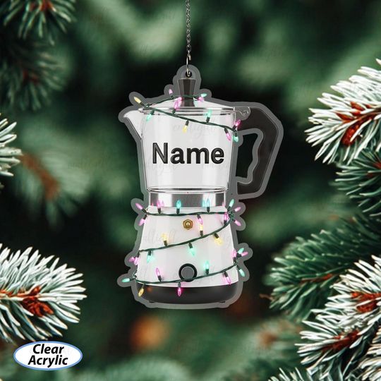 Espresso Maker Ornament With Xmas Lights, Custom Name Coffee Pot Ornament, Espresso Machine Ornament For Baristas, Coffee Addict Gift,MYB785