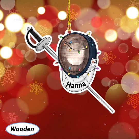 Christmas Lights Fencing Mask Ornament, Custom Name Fencer Ornament, Fencing Gear Xmas Tree Decoration, Fencing Lovers Holiday Gifts, MYB797