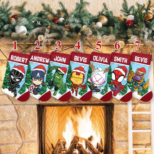 Personalized Marvel Superhero Xmas Stocking, Iron Man Hulk Spiderman Gwen Santa Hat Christmas Stockings,  Christmas Socks Home Decoration