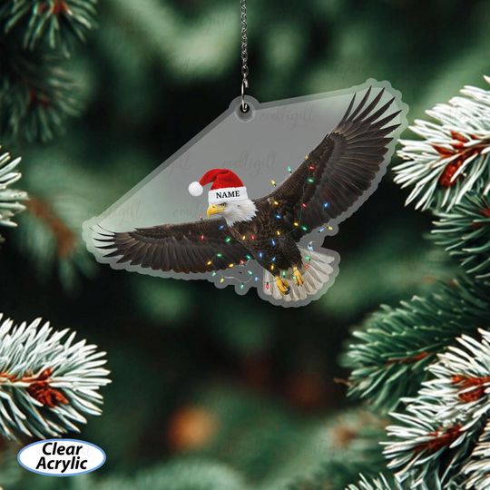 Bald Eagle Xmas Ornament Custom Name, Eagle Ornament With Santa Hat, Patriotic Bird Tree Decoration, Unique Wildlife Holiday Gifts, MYB788