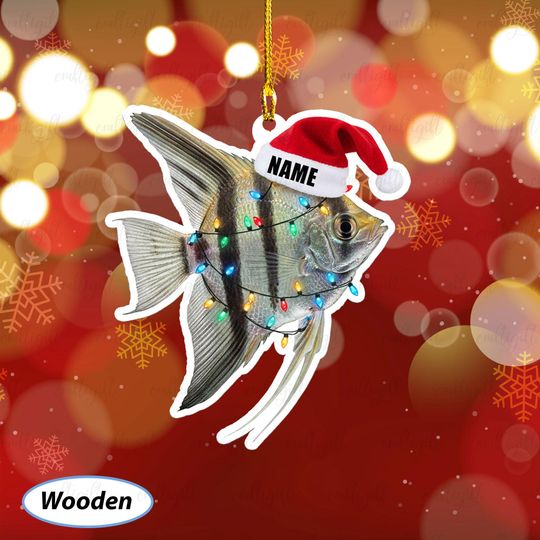 Discover Unique Angelfish Ornament With Custom Name, Santa Hat Angelfish Ornament, Tropical Angelfish Tree Decor, Holiday Gift For Fish Lover, MYB782