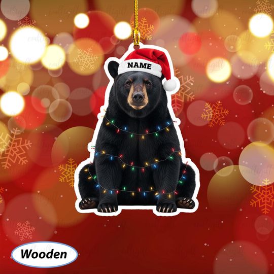 Discover Black Bear Ornament For Christmas Tree, Custom Name Black Bear Ornament, Black Bear With String Lights Ornament, Bear Lover Gift Idea,MYB798