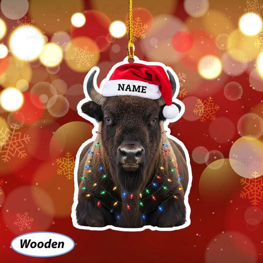 Discover Custom American Bison Holiday Keepsake, Wild West Bison Ornament, Santa Hat Bison Ornament With Lights, Buffalo Decor For Xmas Tree, MYB781