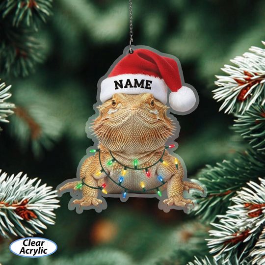 Bearded Dragon Ornament Custom Name, Lizard Ornament For Bearded Dragon Owners, Santa Hat Reptile Ornament, Pet Xmas Tree Decoration, MYB792