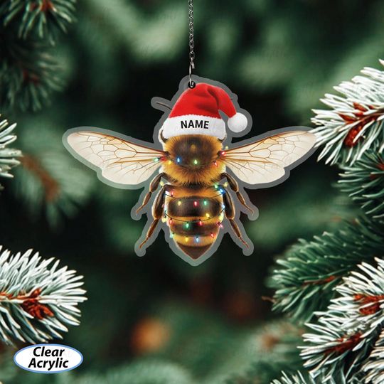 Honey Bee Christmas Ornament Custom Name, Cute Bee Ornament With Santa Hat, Honey Bee Holiday Tree Decoration, Nature Lover Gift Idea,MYB795