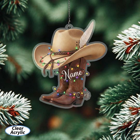 Discover Personalized Cowboy Ornament With Name, Western Christmas Ornament With Lights, Cowboy Boots And Hat Ornament, Gift For Rodeo Lovers, MYB638