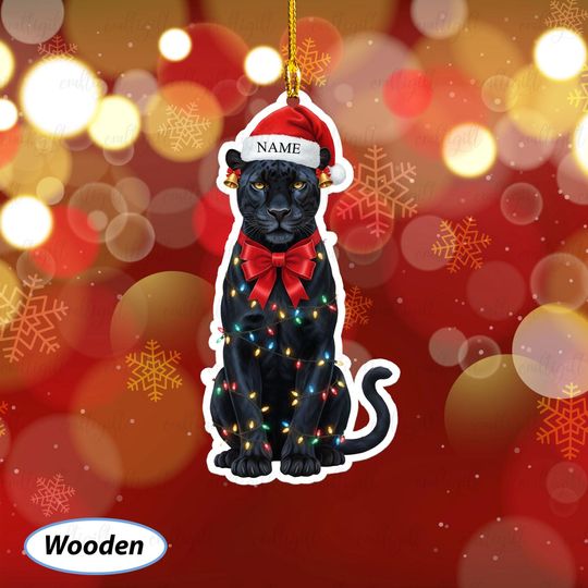 Personalized Black Panther Holiday Ornament, Panther Ornament With Santa Hat, Jungle Cat Xmas Keepsake, Wild Animal Christmas Decor, MYB799
