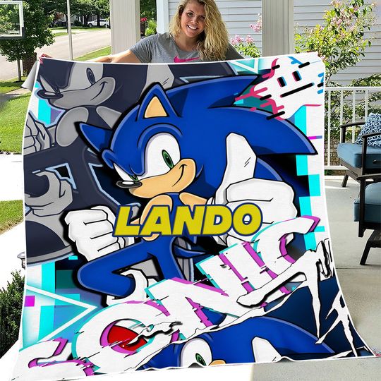 Custom Sonic the Hedgehog Fleece Blanket, Personalized Cartoon Hedgehog Blanket