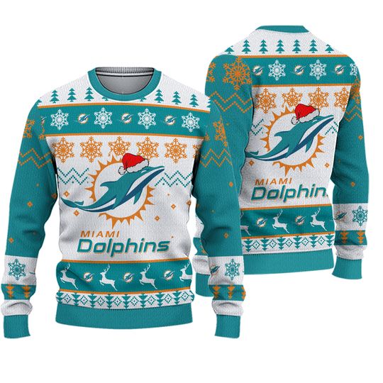 Miami Dolphins Big Logo Santa Hat Ugly Christmas 3D Sweater