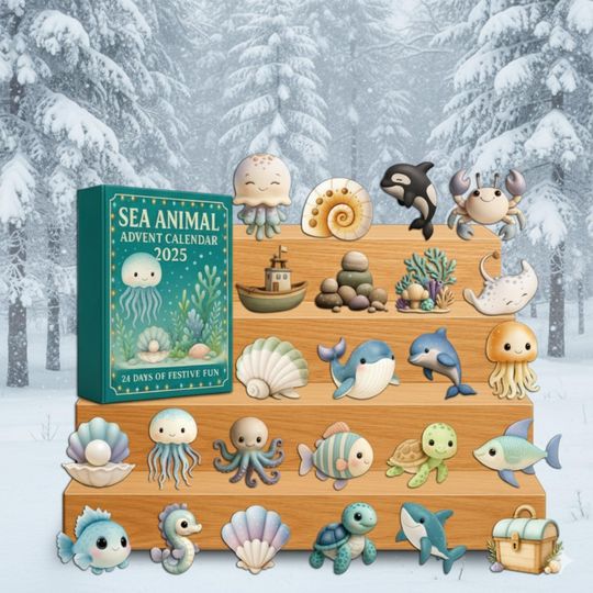 Discover Sea Animal Advent Calendar 2025 | 24 Cute Ocean Animal Figurines | Kawaii Marine Creatures Countdown Box | Holiday Gift for Kids & Families