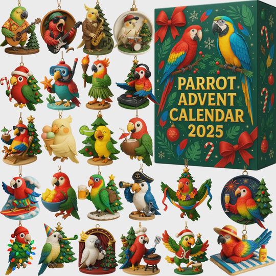 Discover Parrot Advent Calendar 2025, Tropical Bird Christmas Countdown Gift, 24 Mini Collectible Ornaments Macaw