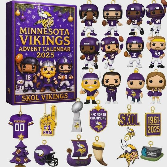 Minnesota Vikings Advent Calendar 2025, SKOL VIKINGS Christmas Countdown Gift, 24 Mini Collectible Ornaments Football