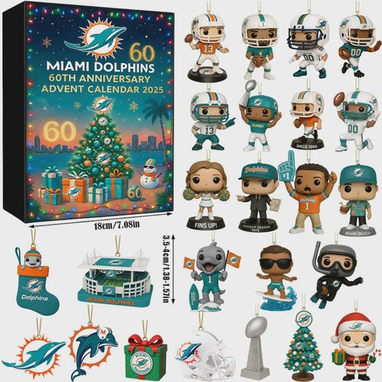 Miami Dolphins 60th Anniversary Advent Calendar 2025, Football Countdown Gift, 24 Mini Collectible Ornaments Fin Up