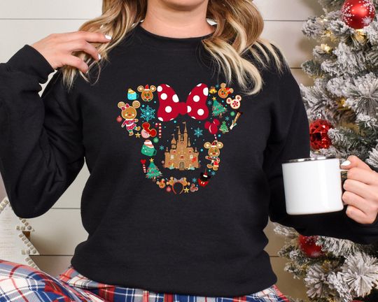 Discover Christmas Doodle Sweatshirt with Santa, Mickey, and Xmas Tree Prints