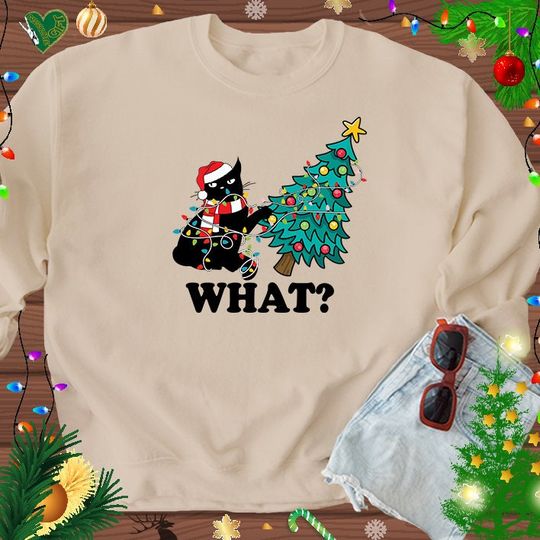 Discover Christmas Tree and Santa Black Cat Sweatshirt for Women and Men