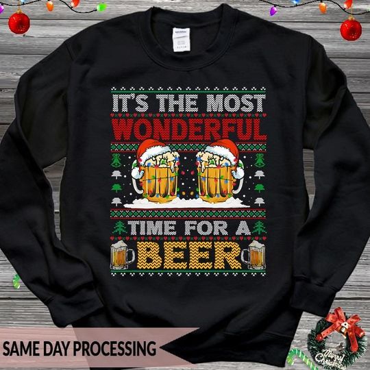 Discover Christmas Beer Sweatshirt, Santa Beer Jumper, Coffee Cup Print, Beer Time Pullover, Holiday Mugs Sweater