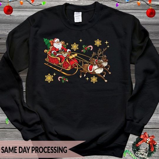 Discover Santa Sleigh Christmas Sweatshirt, Santa Reindeer Jumper, Santa Tree Sweatshirt, Cute Reindeer Jumper, Santa Claus Jumper,Gifts for Her 2406