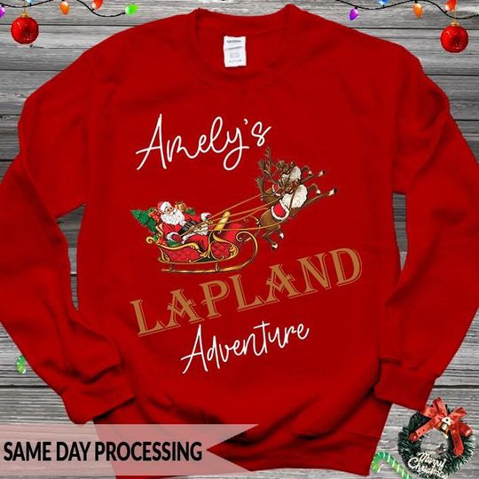 Discover Christmas Custom Sweatshirt with Santa Sleigh, Reindeer, and Lapland Tree Design