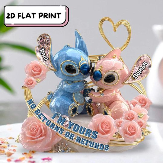 Personalized Couple Stitch Angel Acrylic Plaque, No Return Or Refund Hawaii Monster Flat Crystal Plaque, Ohana Lover Gift ipatusth00074