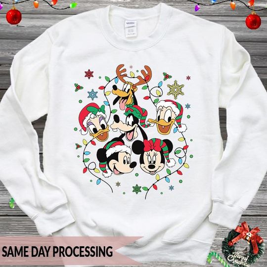 Discover Christmas Mickey Friends Sweatshirt, Reindeer and Santa Lights Jumper, Gift for Mum