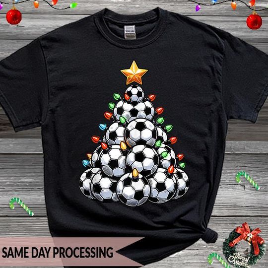 Discover Soccer Christmas Tree T-Shirt, Santa Soccer Player Tee