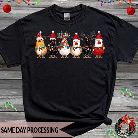 Discover Merry Chickmas T-Shirt, Christmas Farm T-Shirt, Chicken Christmas Lights T-Shirt, Christmas Holiday Chicken T-Shirt