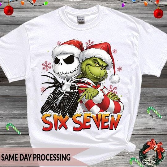 Funny Six Seven Meme T-Shirt, Merry Grin, Social Media Humor Tee, Cute Character Tee, Santa Green Face
