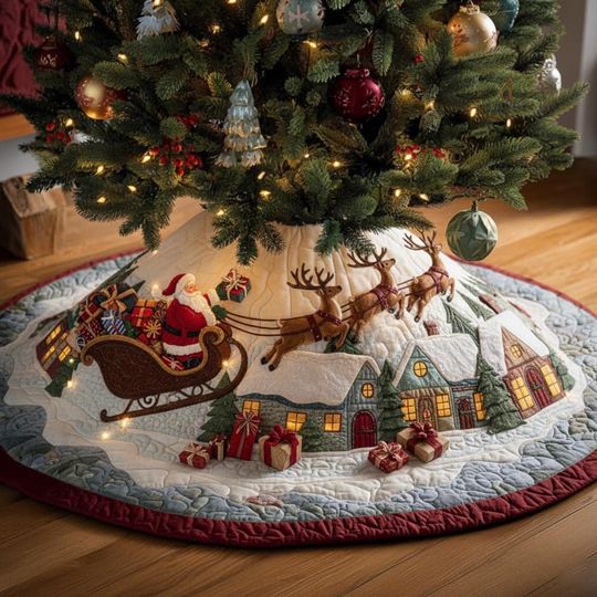 Discover Christmas Tree Skirt Santa Sleigh with Reindeer  Festive Christmas Tree Mat, Christmas Holiday Decor, Santa Claus Tree Skirt