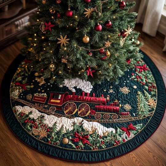 Discover Retro Toy Train Wonderland Tree Skirt, Vintage Style Engine & Presents Holiday Skirt, Christmas Decor, Xmas Gift