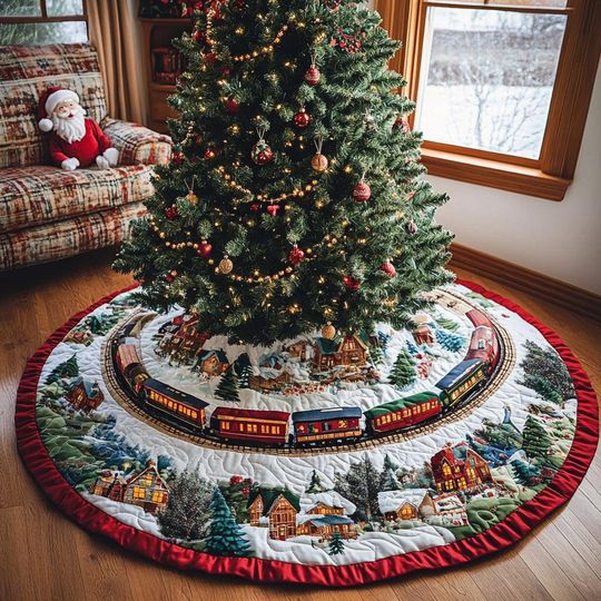 Discover Retro Toy Train Wonderland Xmas Tree Skirt, Christmas Decor, Vintage Style Engine & Presents Holiday Skirt, Xmas Gift
