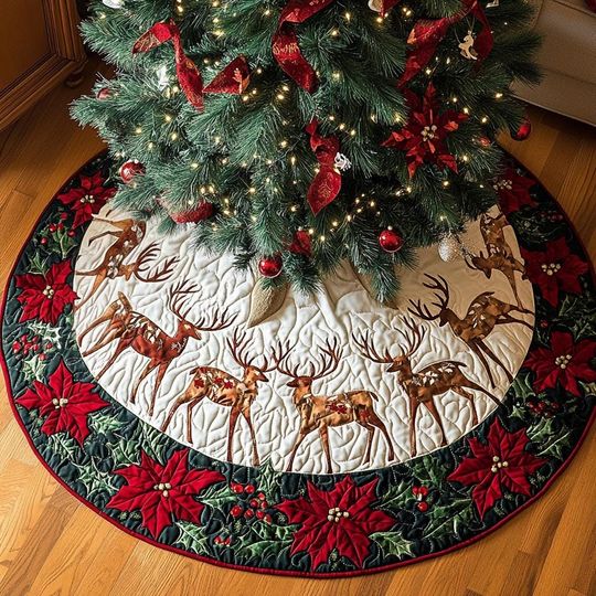 Silent Night Reindeer Tree Cover, House Warming Gift, Christmas Tree Home Decor, Reindeer Christmas Tree Skirt, Christmas Decorations