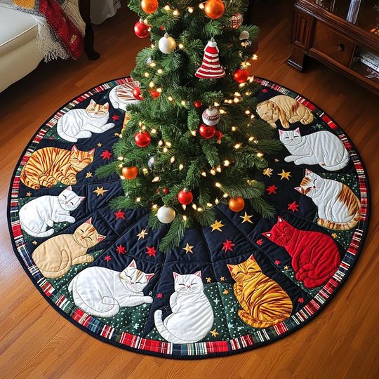 Jolly Kitty Joy Christmas Tree Cover, House Warming Gift, Cat Christmas Tree Skirt, Christmas Tree Home Decor, Christmas Decorations