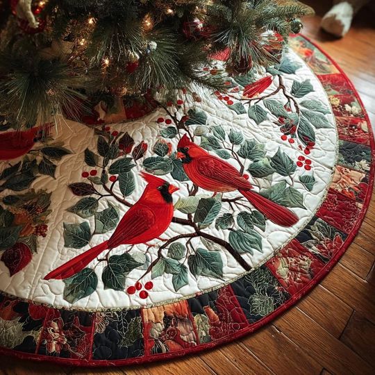 Discover Cardinal Glow Christmas Tree Cover, House Warming Gift, Cardinal Christmas Tree Skirt, Christmas Tree Home Decor, Christmas Decorations
