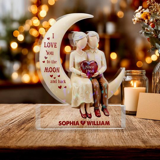 Discover Personalized Couple Moon Hologram Acrylic Block, Custom Names & Anniversary Gift Plaque, Romantic I Love You to the Moon and Back Decor