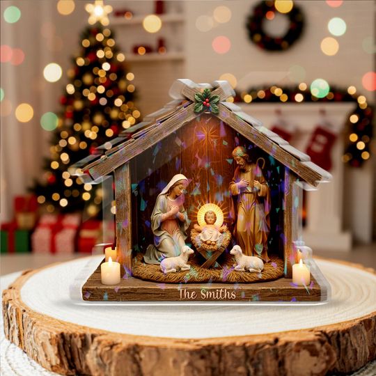 Discover Personalized Nativity Scene Hologram Acrylic Block, Custom Family Name Holy Family Christmas Decor, Religious Holiday Display Acrylic Plaque